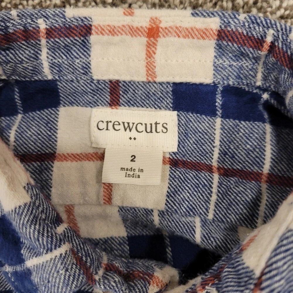 Crewcuts J.Crew Boys Blue White Orange Plaid Flannel Button Down Shirt Size 2